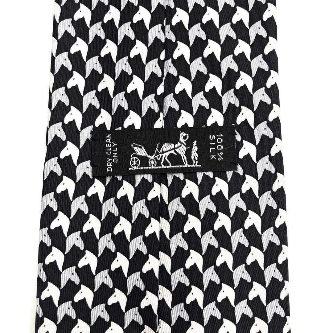 【美品】HERMES ネクタイ 馬柄 アニマル　動物 小紋柄 ブラック ホワイト