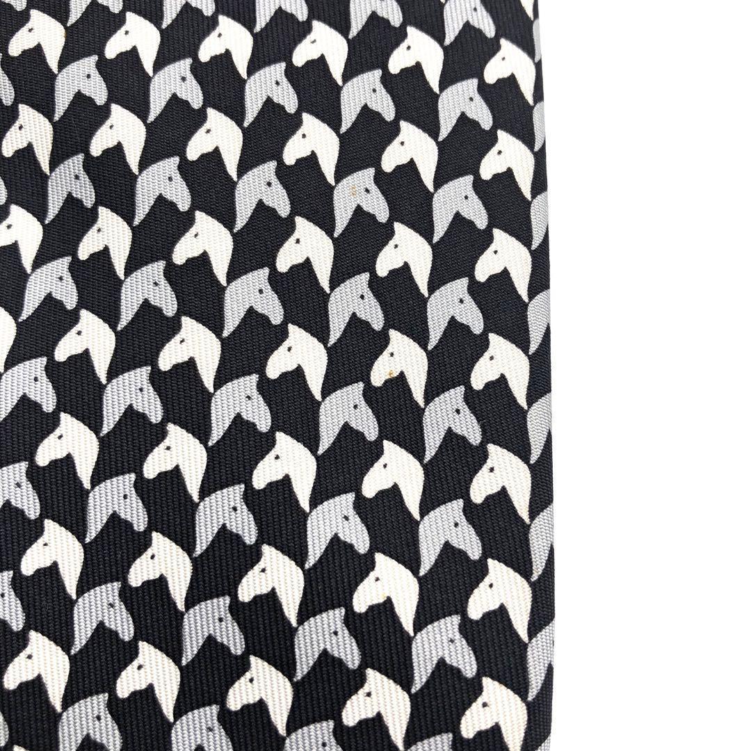【美品】HERMES ネクタイ 馬柄 アニマル　動物 小紋柄 ブラック ホワイト