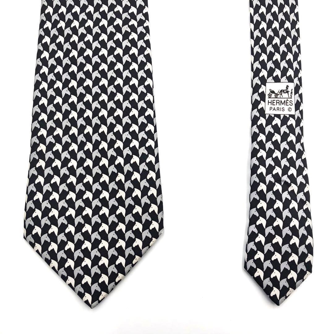 【美品】HERMES ネクタイ 馬柄 アニマル　動物 小紋柄 ブラック ホワイト