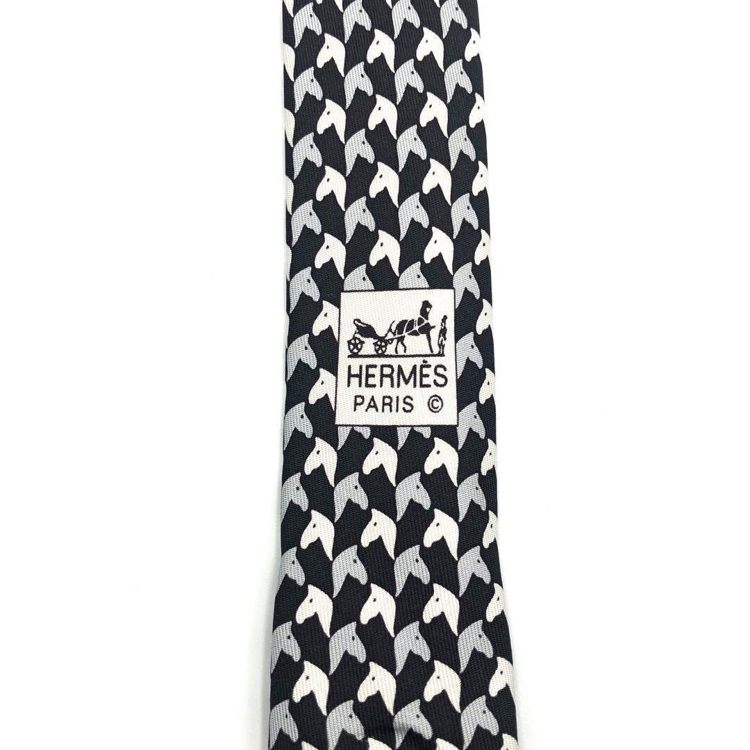 【美品】HERMES ネクタイ 馬柄 アニマル　動物 小紋柄 ブラック ホワイト