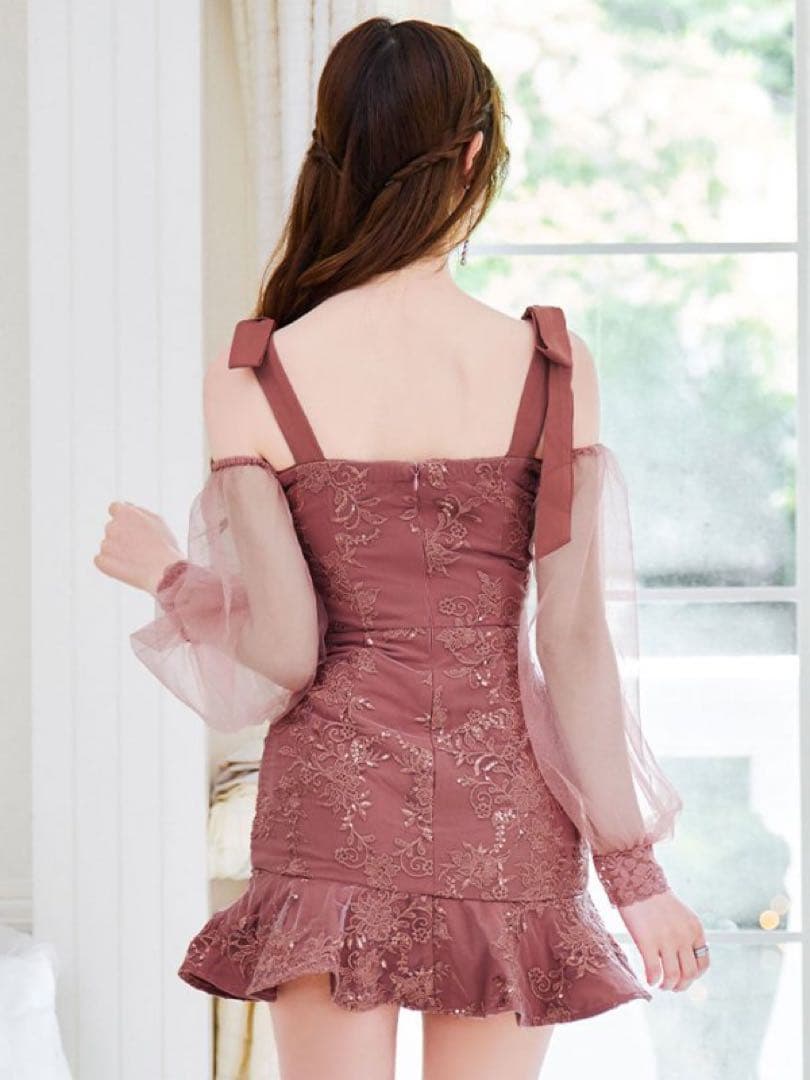 Jewels リボンショルダー刺繍レースドレス