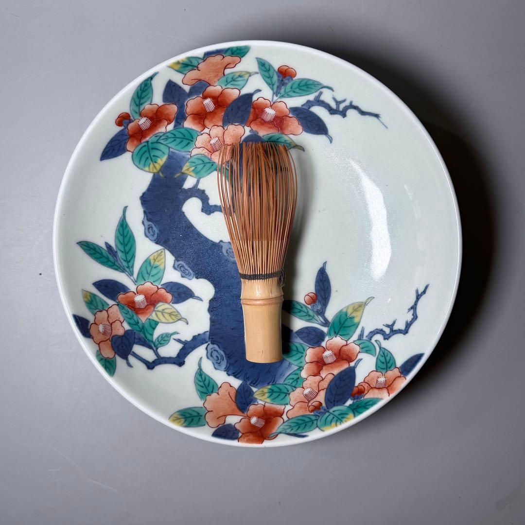 後期　色鍋島　椿文高台皿　櫛歯文高台　七宝結び文　桐箱付　幕末期