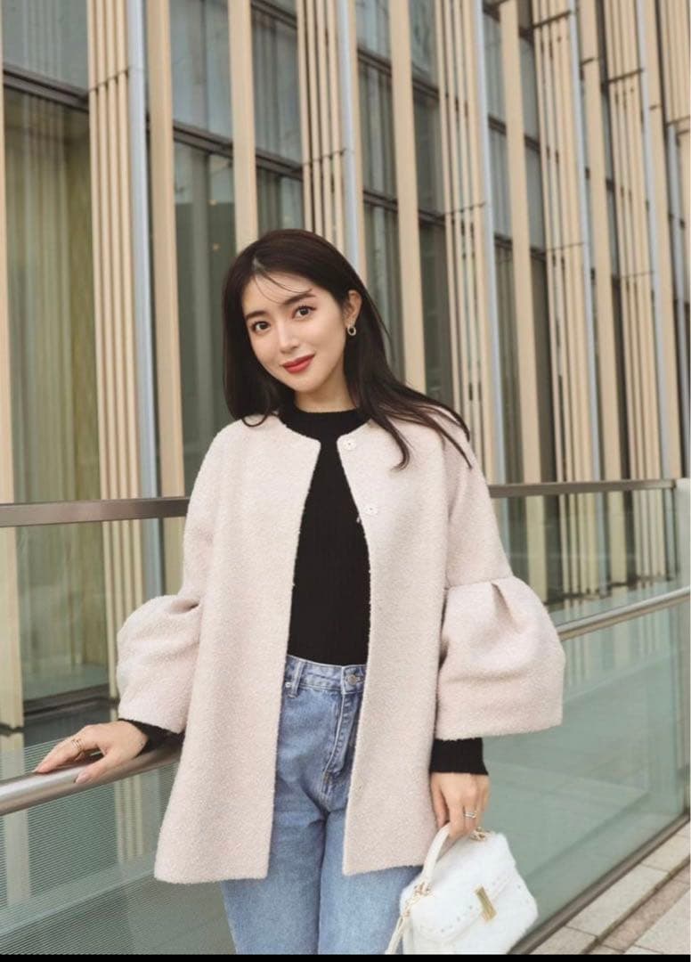 CELFORD ツイードベルスリーブミドルコートピンク