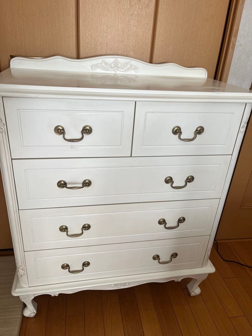 アンティーク　ホワイト家具木製チェスト 5段　ロココ調