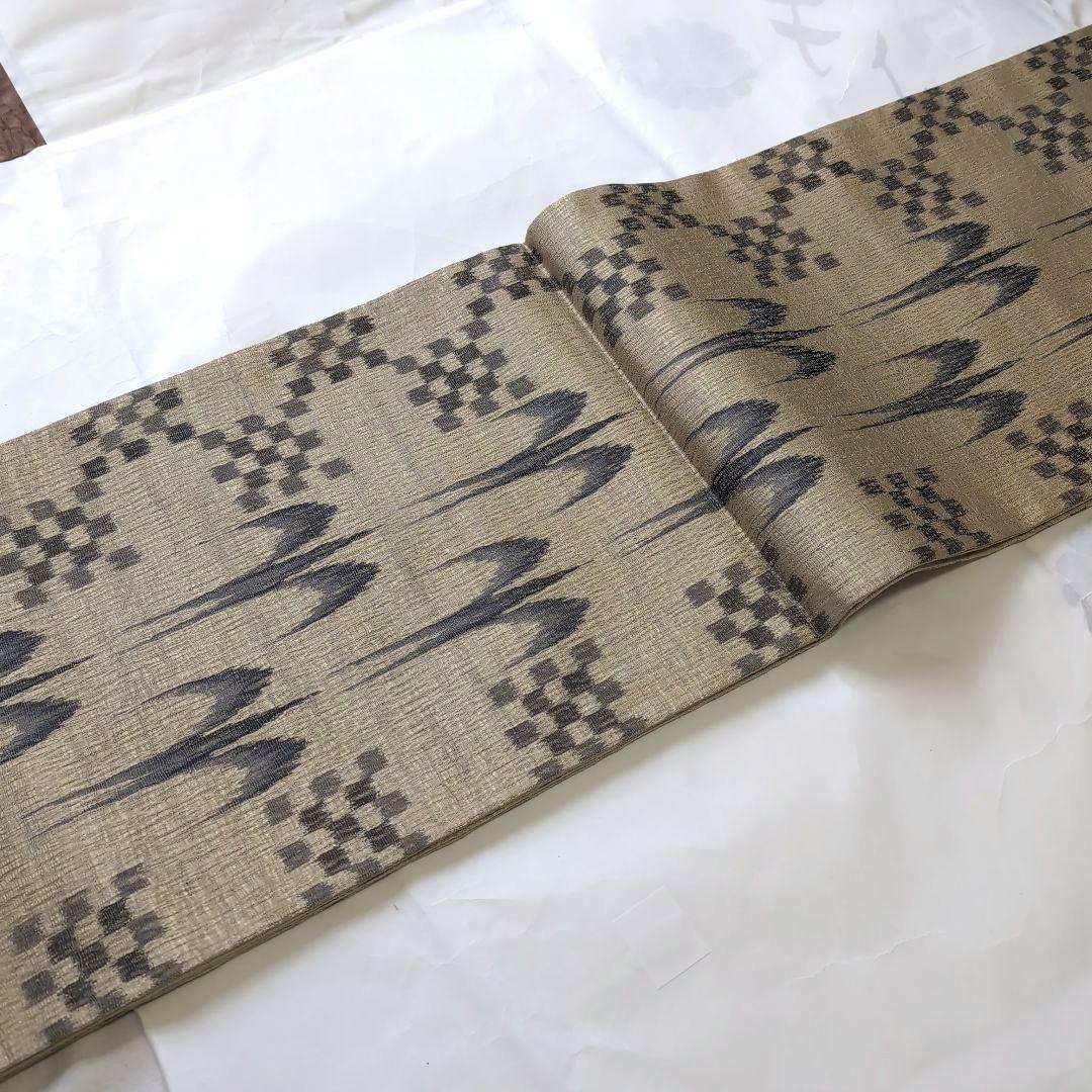 新品 未使用 正絹 袋帯 本場 琉球 つばめ 格子市松 櫛織り 通知使用 薄茶灰