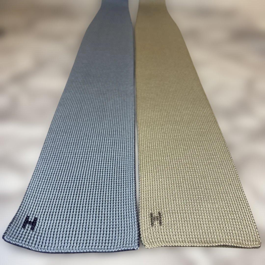 【4way】HERMES ニットタイ　ブルー　ネイビー　ベージュ　青　紺