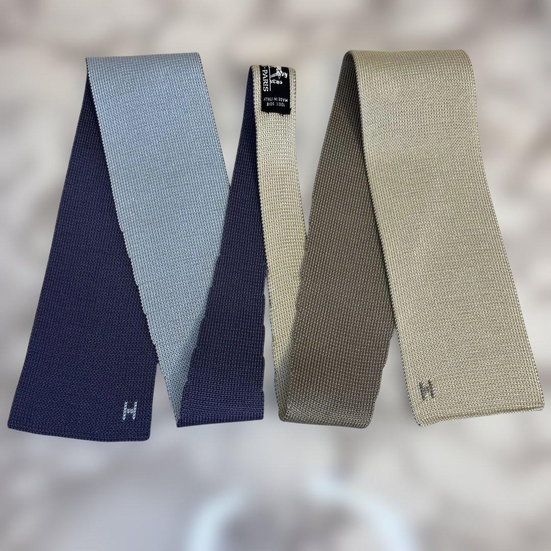 【4way】HERMES ニットタイ　ブルー　ネイビー　ベージュ　青　紺