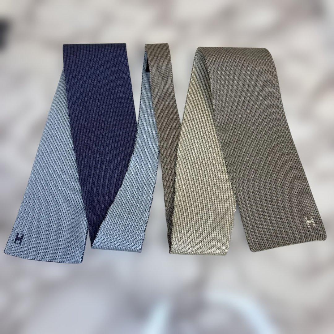 【4way】HERMES ニットタイ　ブルー　ネイビー　ベージュ　青　紺