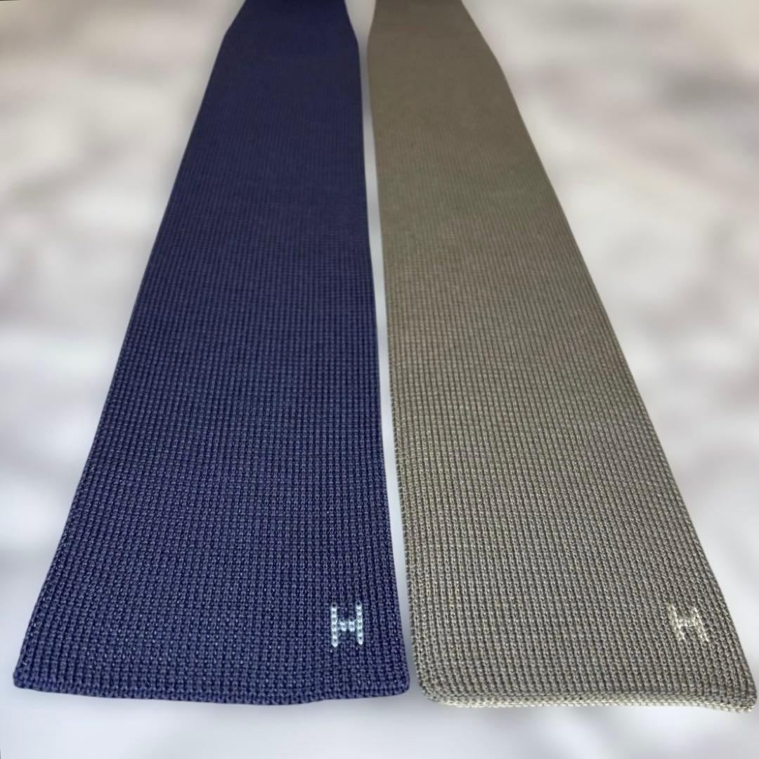 【4way】HERMES ニットタイ　ブルー　ネイビー　ベージュ　青　紺
