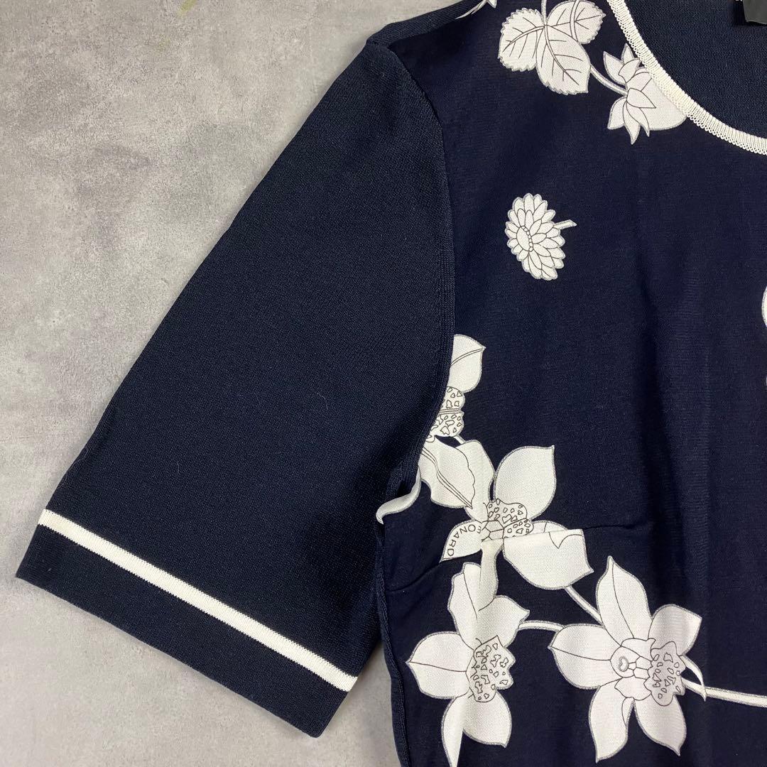 レオナール LEONARD 花柄プルオーバー 濃紺 トップス ニット切替 上品