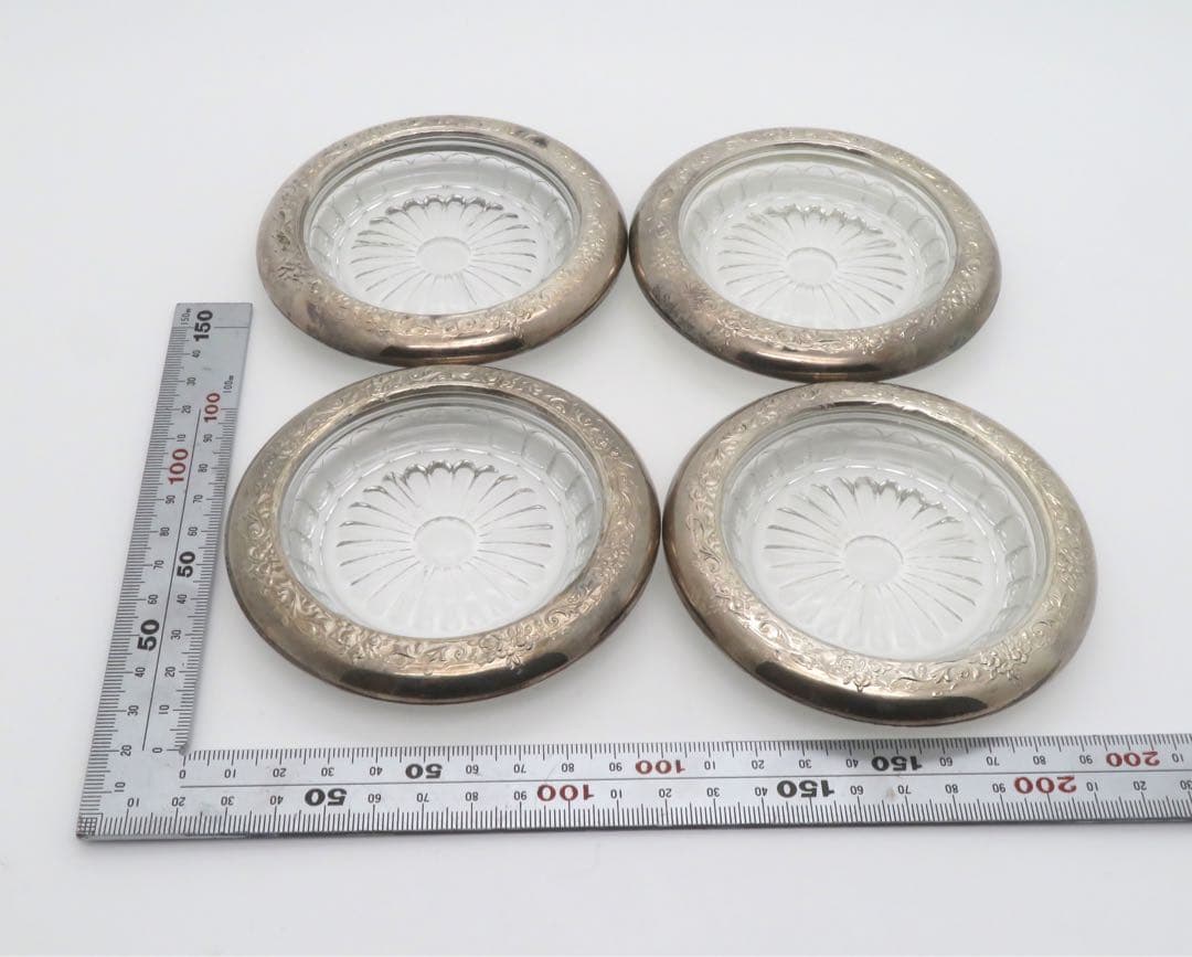 Vintage フローラル 純銀 ドリンクコースター クリスタルガラス4枚セット