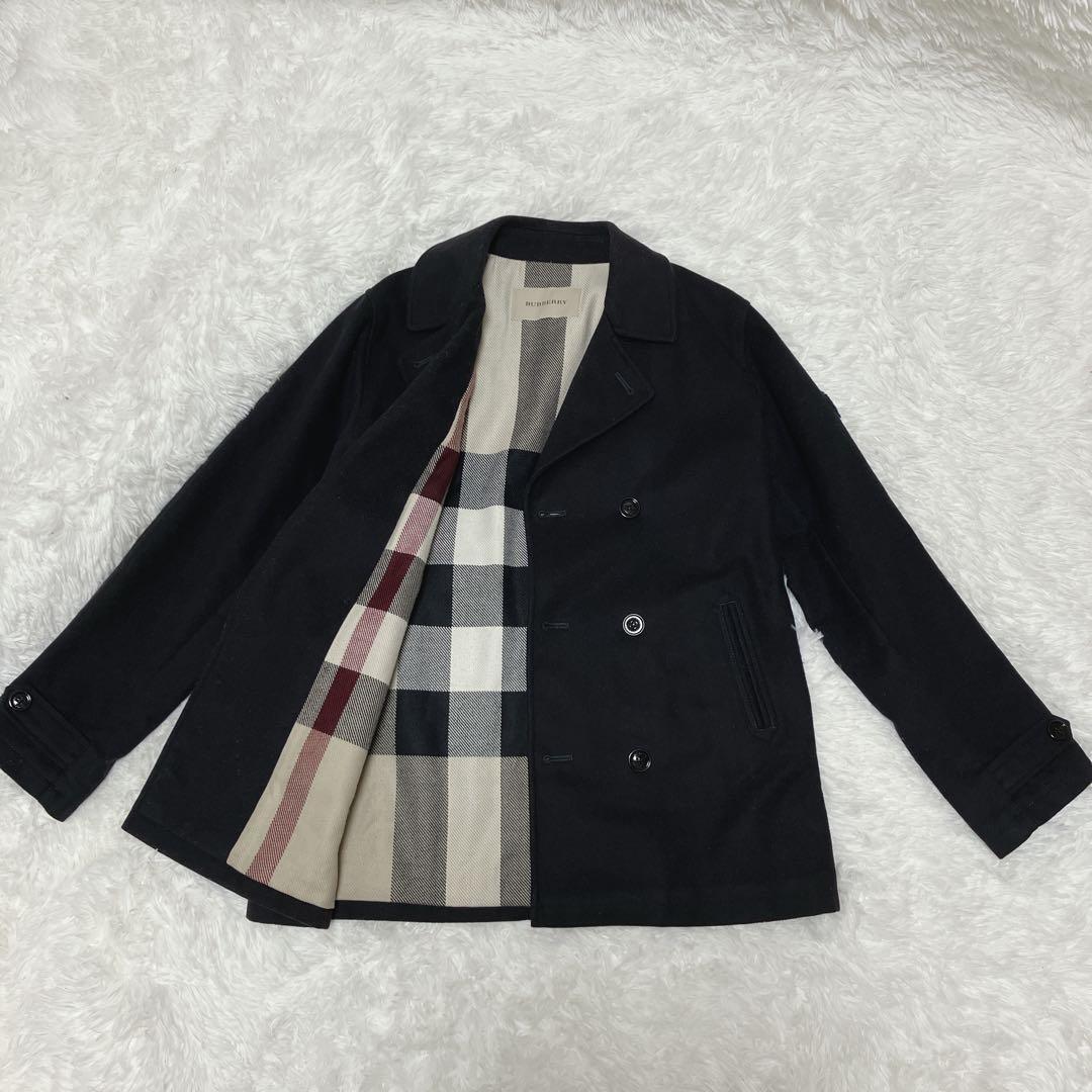 【美品】 Burberry カシミヤ混 ピーコート ネイビー ダブル チェック