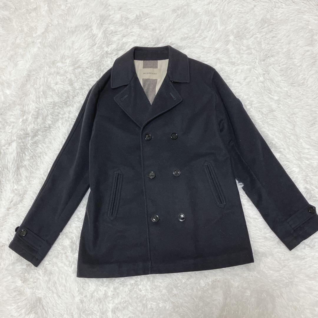 【美品】 Burberry カシミヤ混 ピーコート ネイビー ダブル チェック