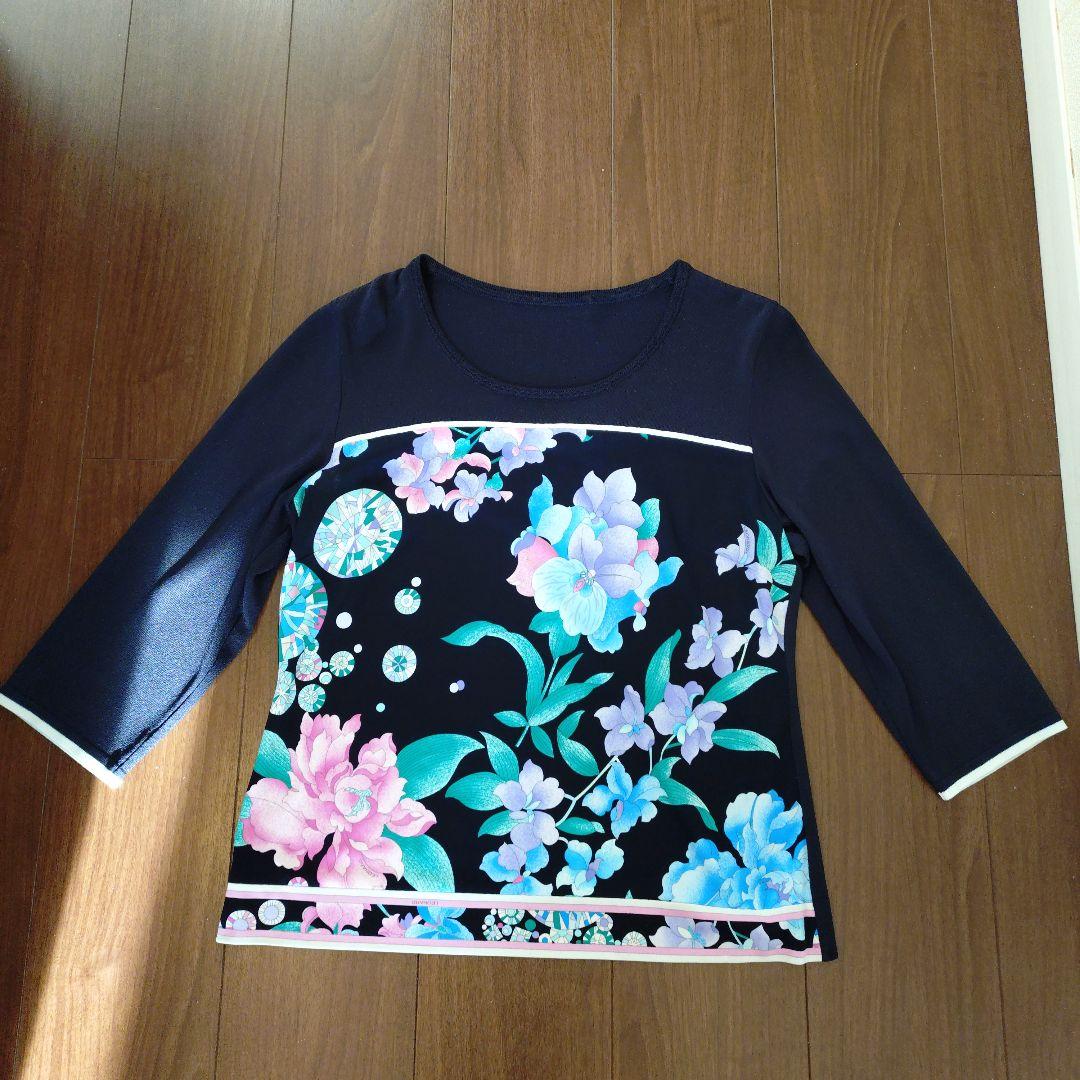 【美品】LEONALD 花柄 フラワー 切替 カットソー トップス 42 紺