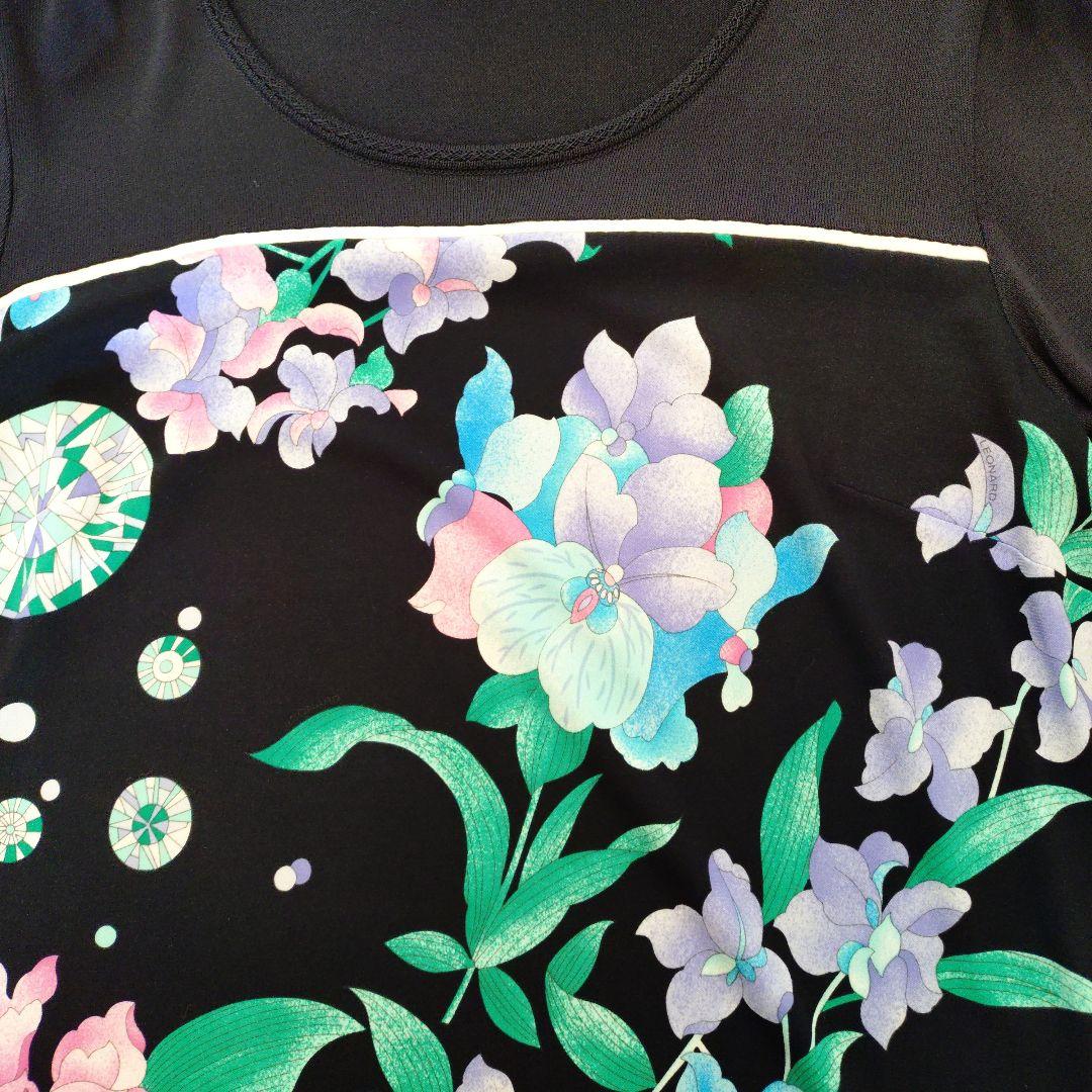 【美品】LEONALD 花柄 フラワー 切替 カットソー トップス 42 紺