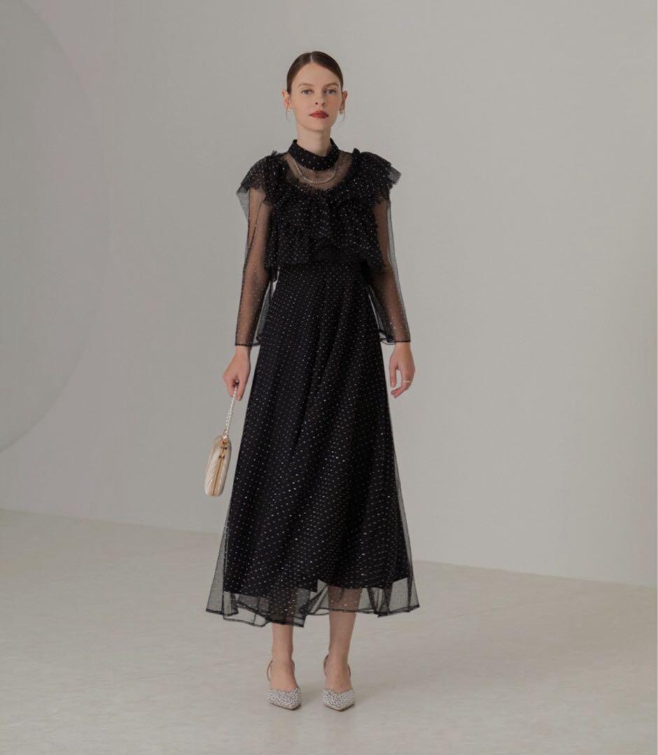 LEJA 2wayドットストーンギャザーチュールAラインドレス M