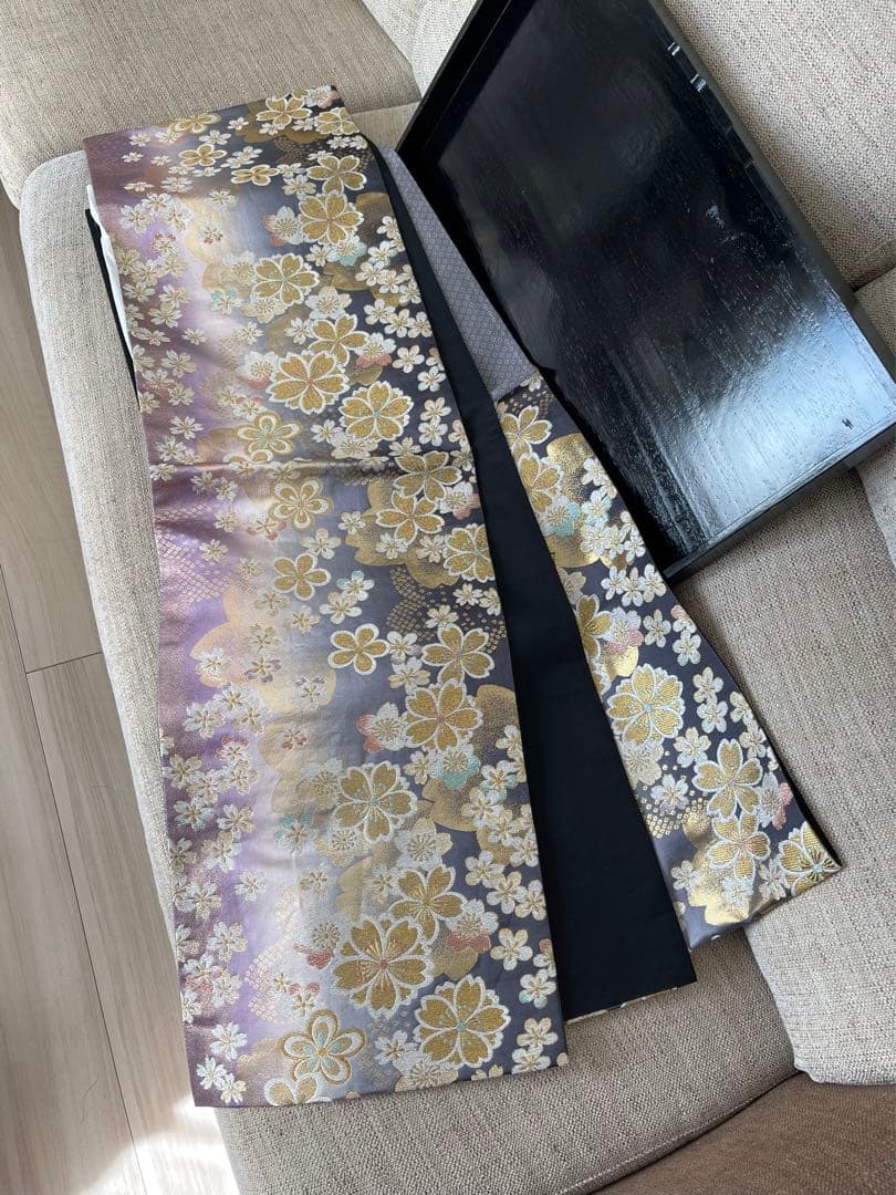 袋帯 やまと 桜 箔 金糸 紫 六通 正絹