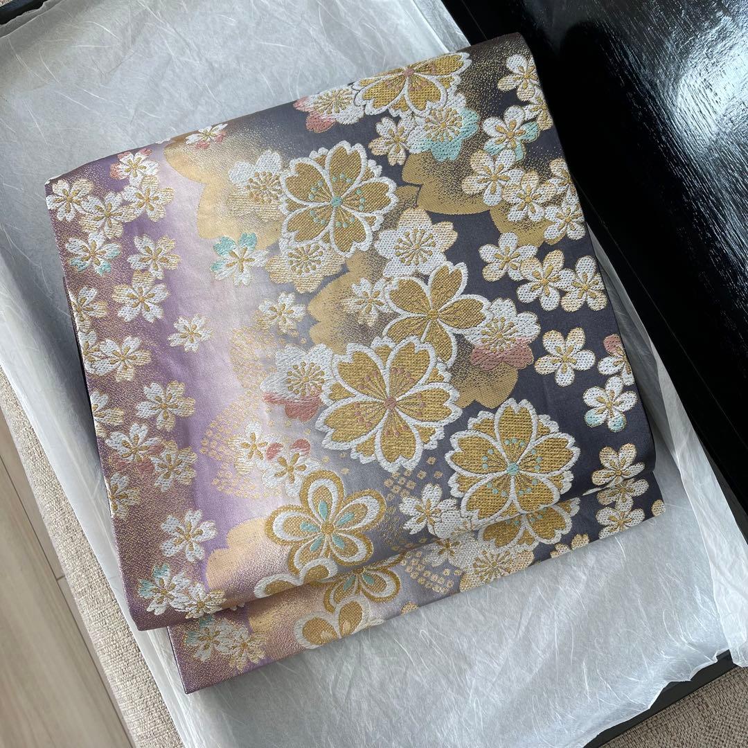 袋帯 やまと 桜 箔 金糸 紫 六通 正絹