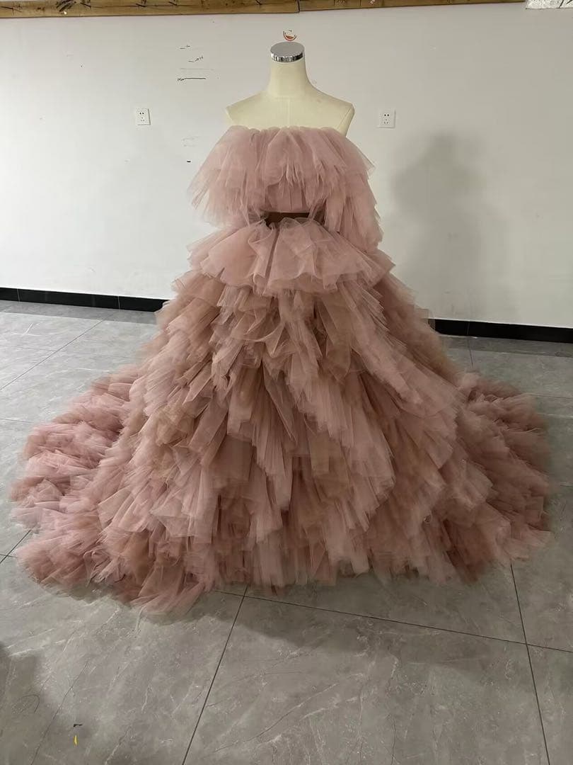 ニュアンスカラードレス くすみピンク ふわふわ チュール プリンセスドレス