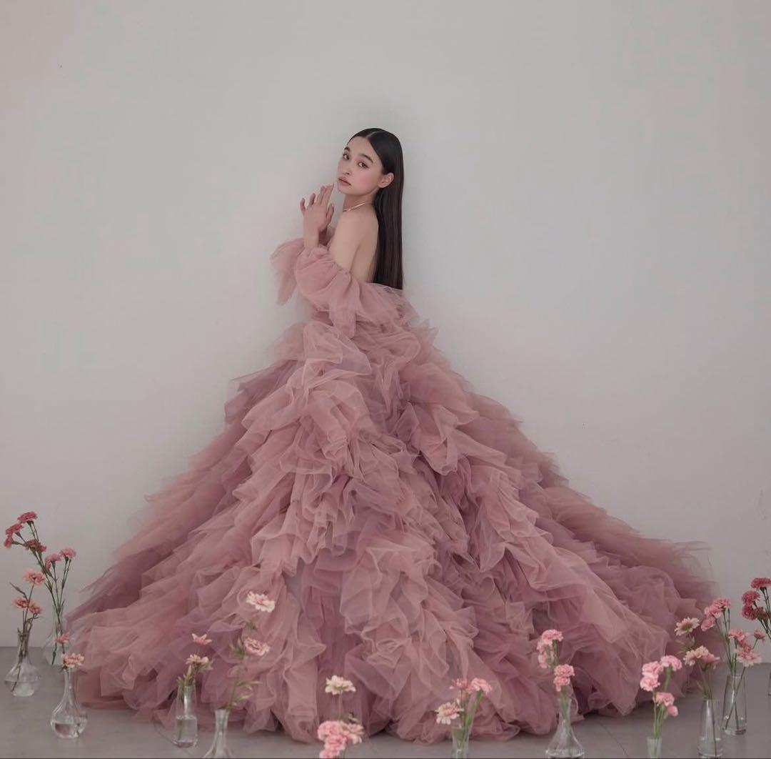 ニュアンスカラードレス くすみピンク ふわふわ チュール プリンセスドレス