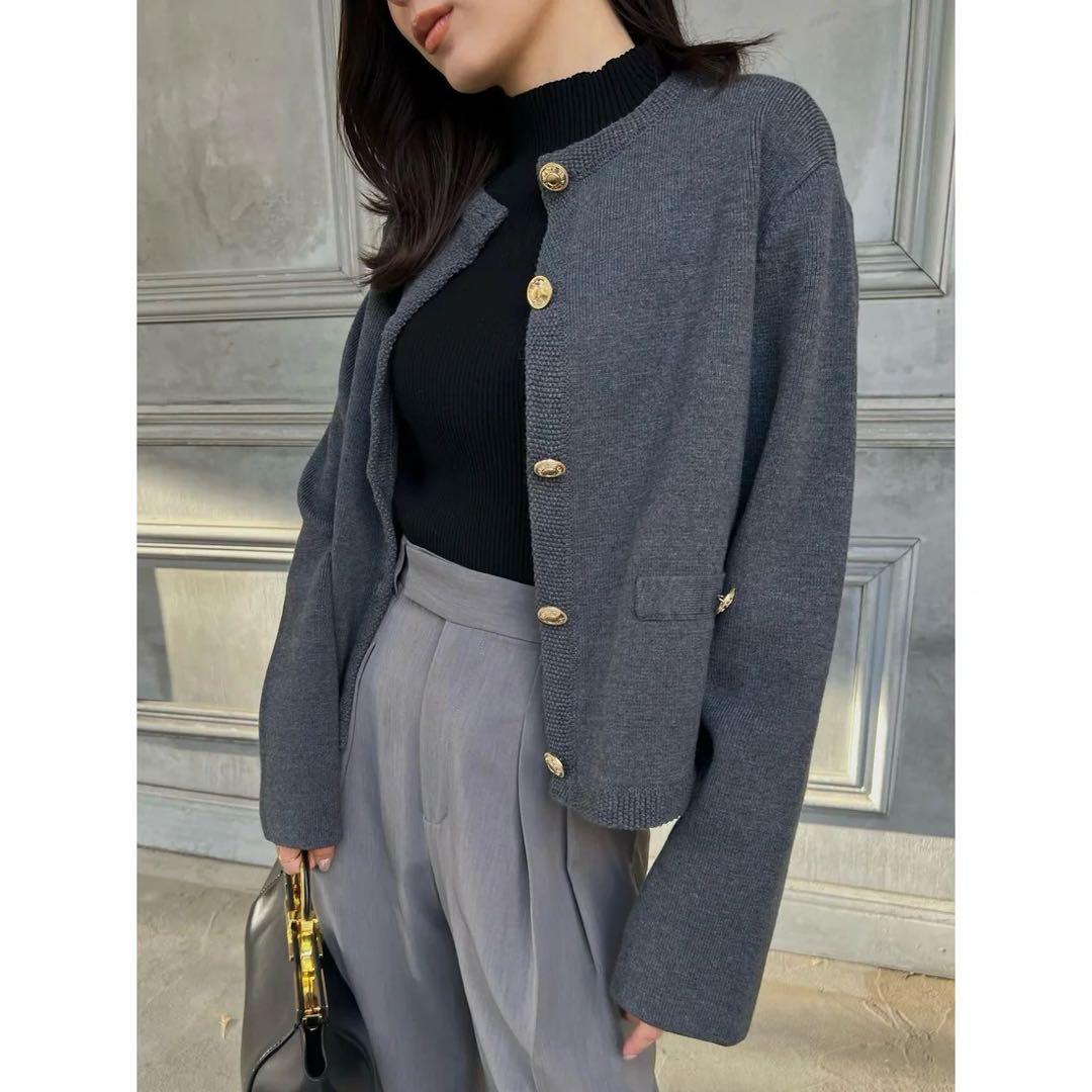 anuans オリジナルボタンノーカラーニットジャケット