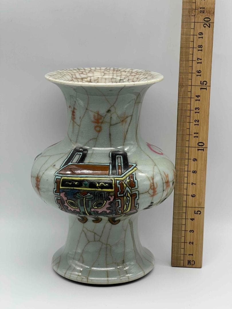 清康熙時代 墨書【康熙年製】在銘官汝窯 郊壇 粉彩炉鼎文 詩文花觚 (C-78)