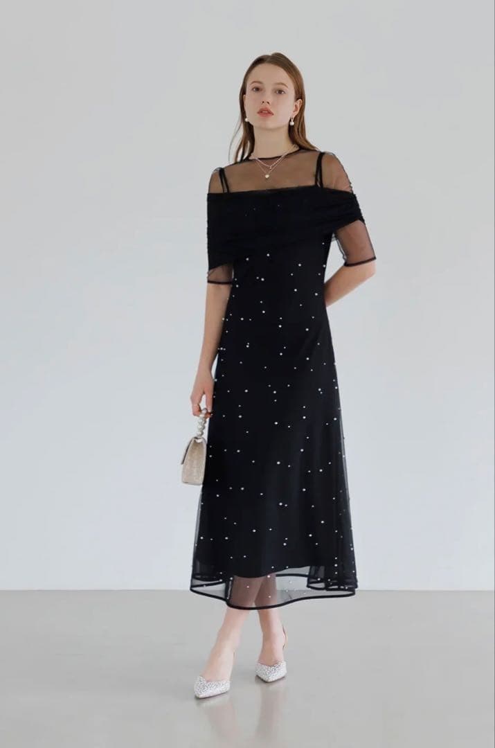 【LEJA】2WAYチュールトップスパールAラインワンピースドレス