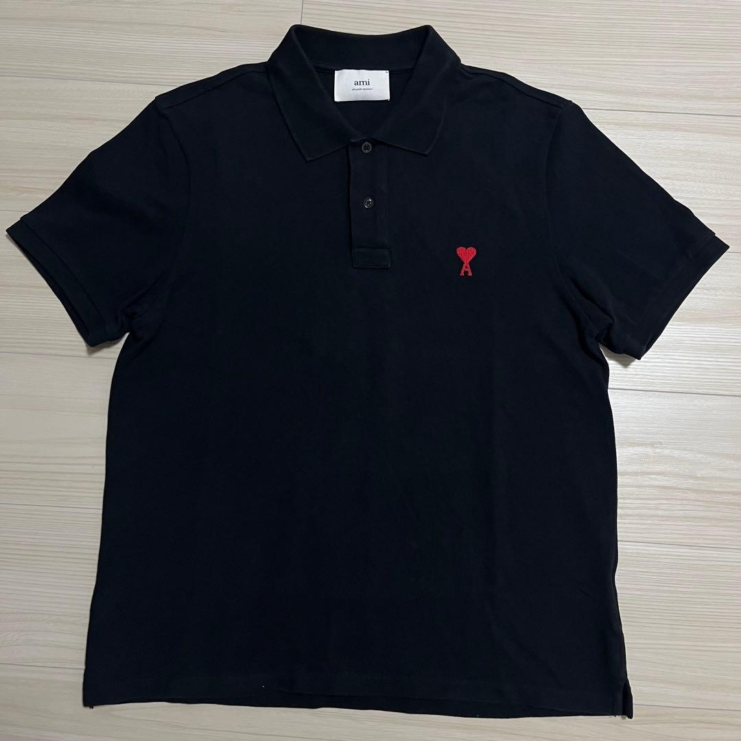 QR確認済　正規品　アミ ワンポイント ハート刺繍ロゴ ポロシャツ 黒