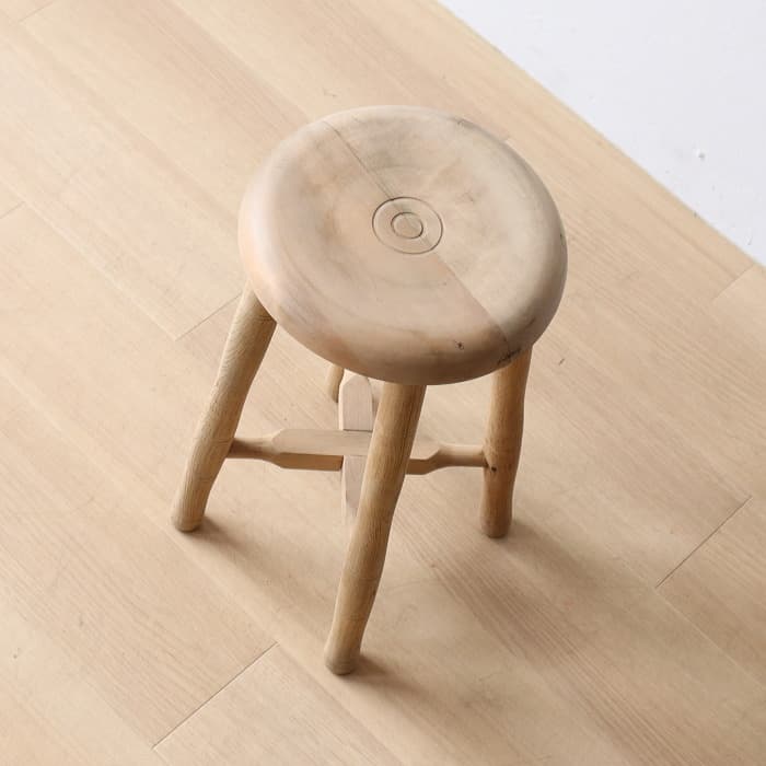 Aアンティーク 木製 無塗装 無垢材 丸スツール 古家具 ブナ タモ