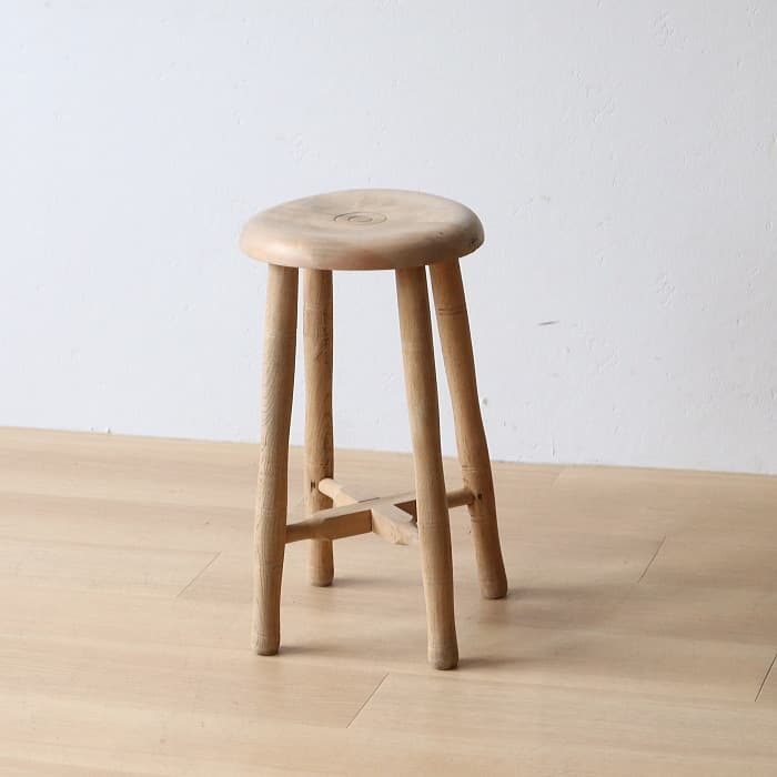 Aアンティーク 木製 無塗装 無垢材 丸スツール 古家具 ブナ タモ