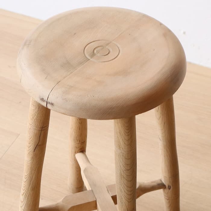 Aアンティーク 木製 無塗装 無垢材 丸スツール 古家具 ブナ タモ