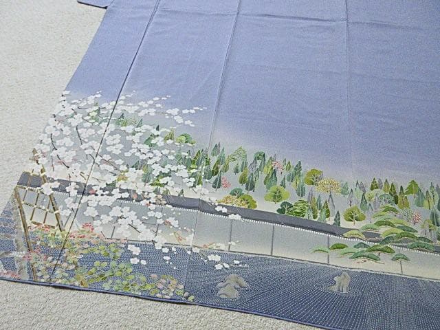 訪問着：美品：白梅と石庭と森：ブルーグレー：袷正絹：P8
