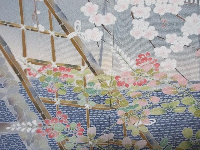 訪問着：美品：白梅と石庭と森：ブルーグレー：袷正絹：P8