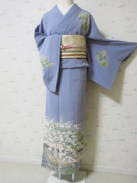 訪問着：美品：白梅と石庭と森：ブルーグレー：袷正絹：P8