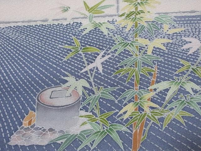 訪問着：美品：白梅と石庭と森：ブルーグレー：袷正絹：P8
