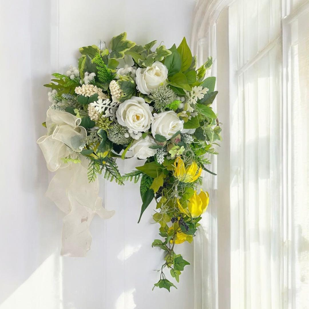 光触媒フラワー 特大サイズの初夏のアーチリース／グリーン×ホワイトのリース