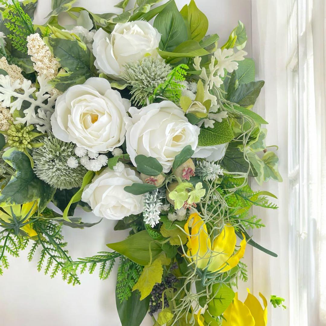 光触媒フラワー 特大サイズの初夏のアーチリース／グリーン×ホワイトのリース