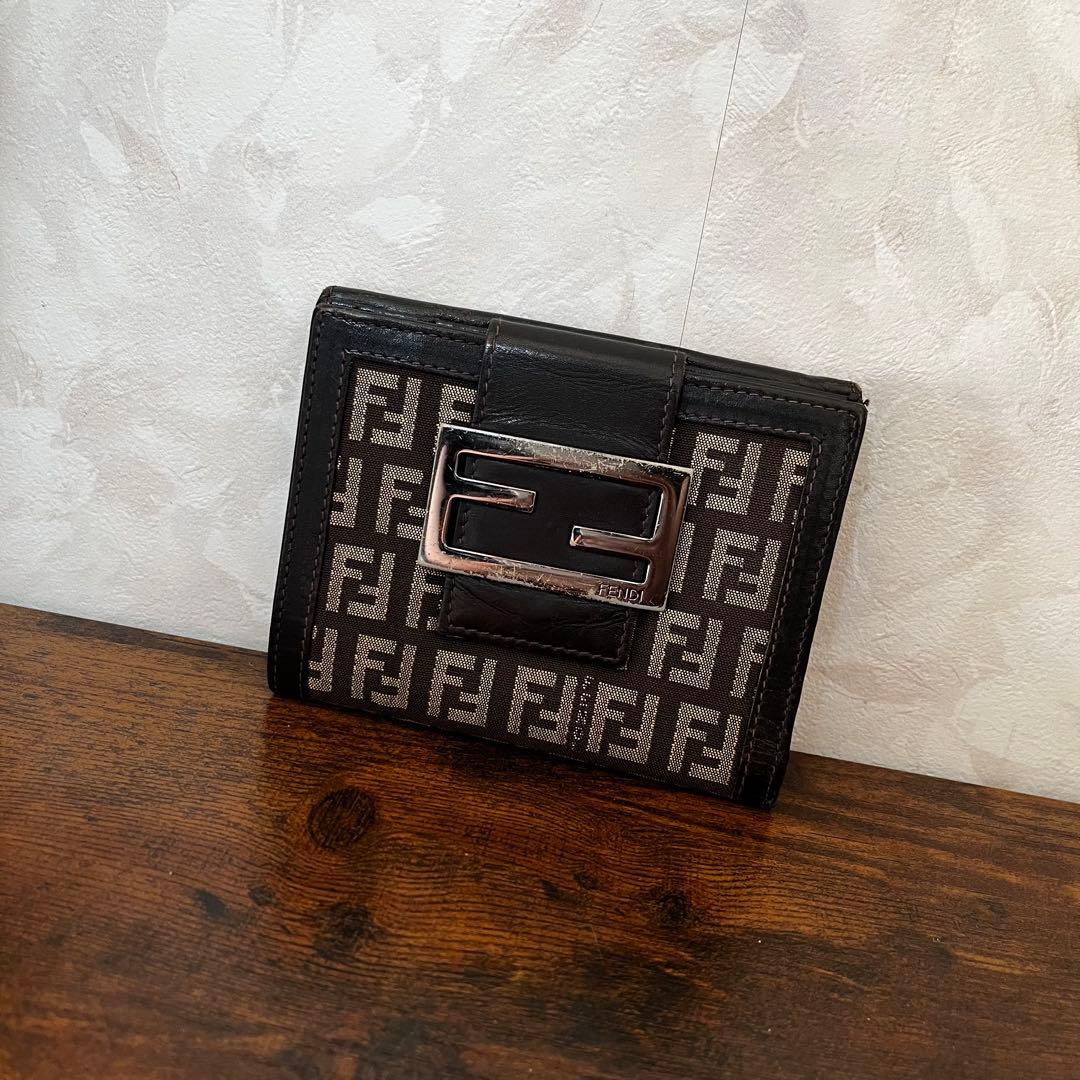 美品 FENDI フェンディ ズッカ柄×レザー 二つ折り財布 ミニ財布