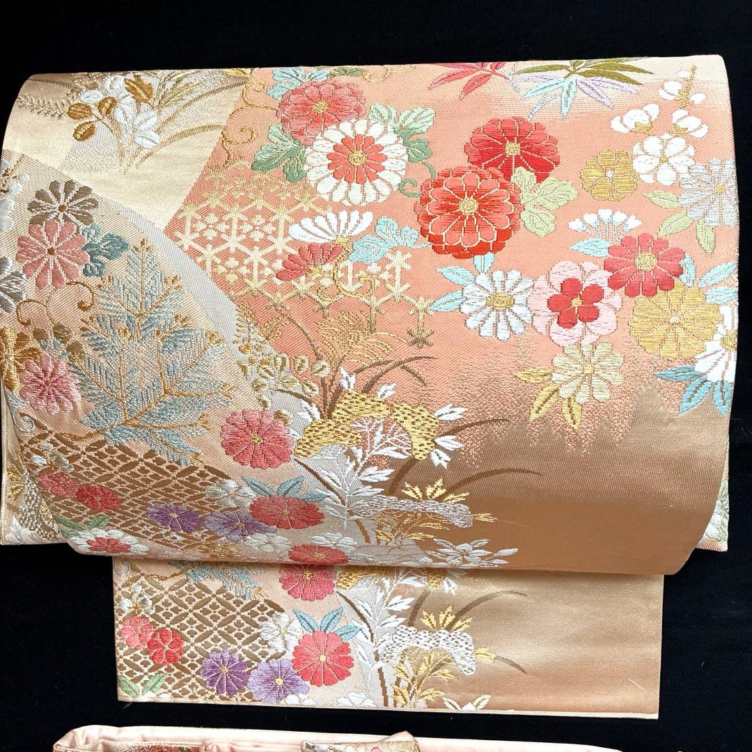 美品 西陣織 菊 松 笹 桜 梅 華々 正絹 袋帯 二重太鼓 作り帯