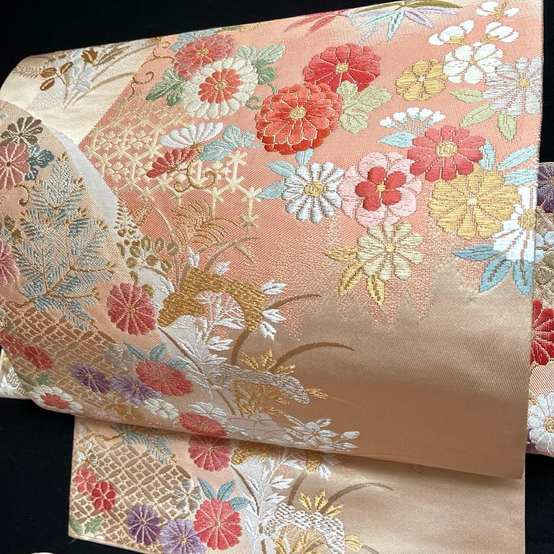 美品 西陣織 菊 松 笹 桜 梅 華々 正絹 袋帯 二重太鼓 作り帯