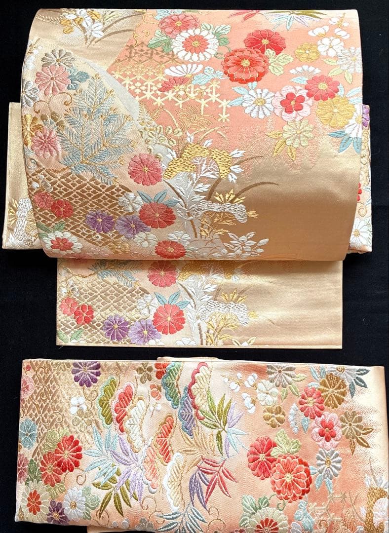 美品 西陣織 菊 松 笹 桜 梅 華々 正絹 袋帯 二重太鼓 作り帯
