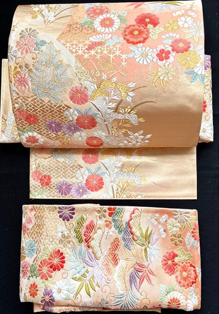 美品 西陣織 菊 松 笹 桜 梅 華々 正絹 袋帯 二重太鼓 作り帯