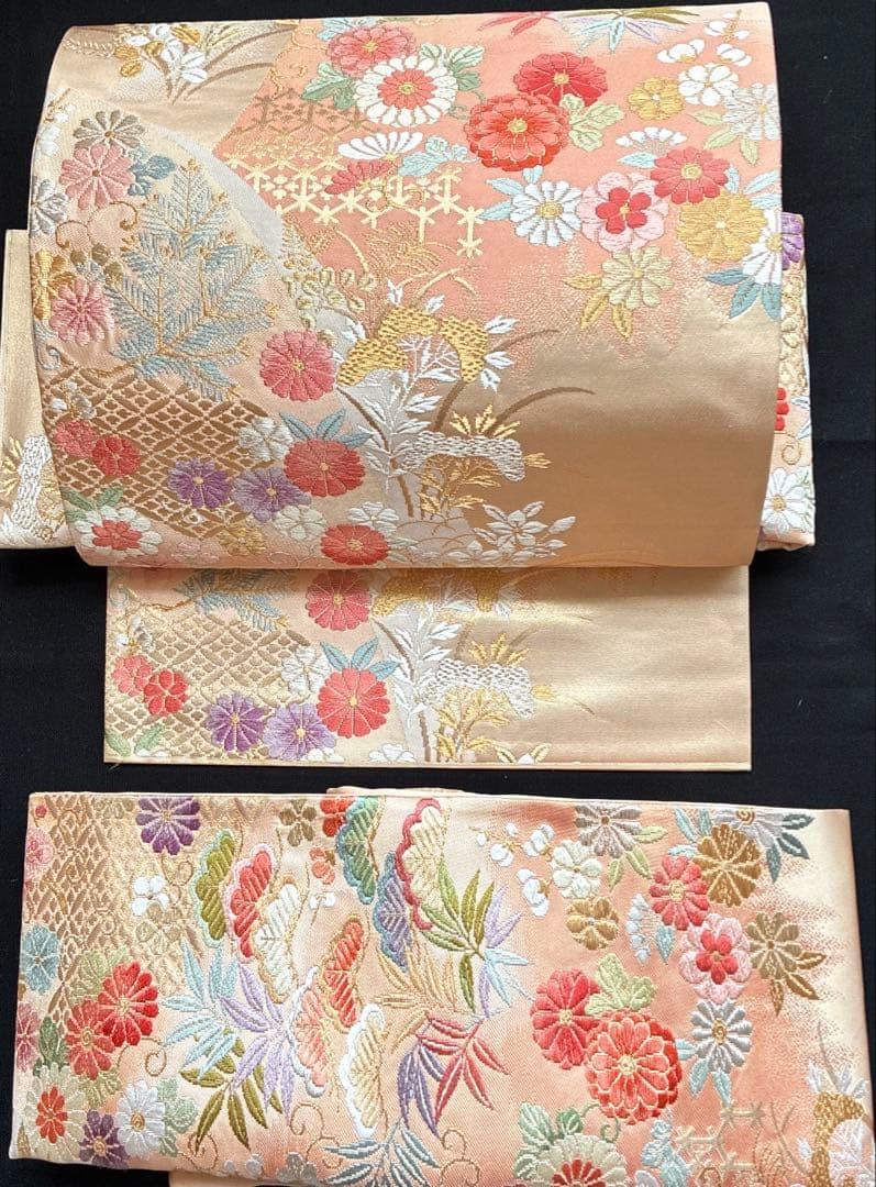 美品 西陣織 菊 松 笹 桜 梅 華々 正絹 袋帯 二重太鼓 作り帯