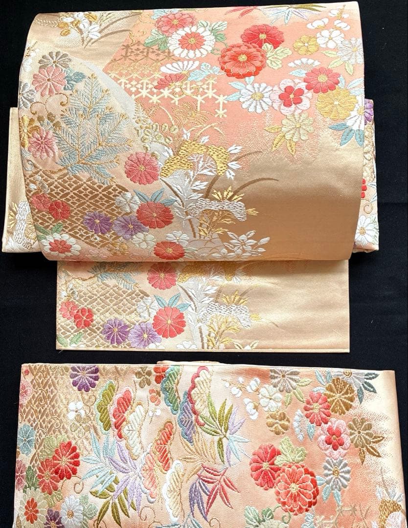 美品 西陣織 菊 松 笹 桜 梅 華々 正絹 袋帯 二重太鼓 作り帯