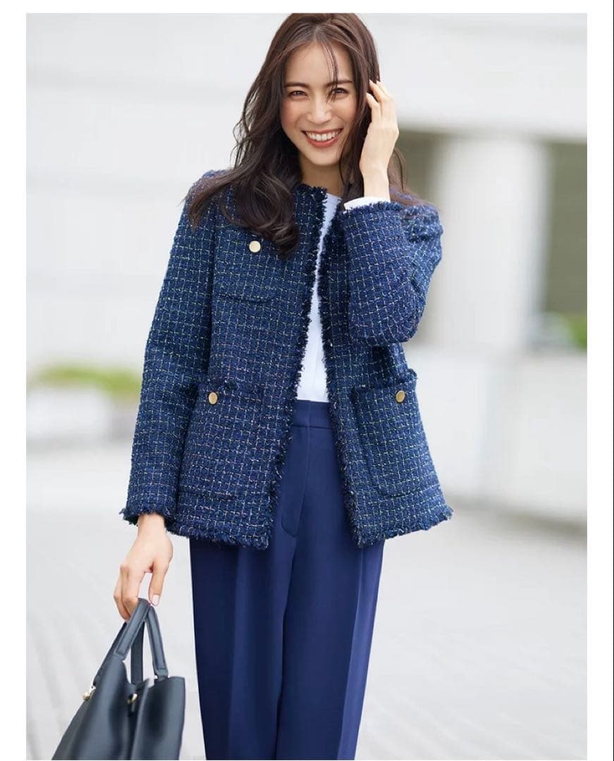 美品 PLST プラステ ツイードジャケット ネイビー 入卒園式入学式卒業式 M