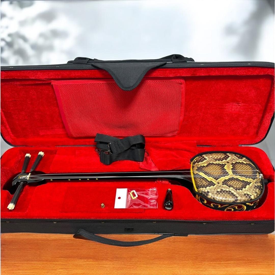 ☆美品 沖縄 琉球 三線 本蛇革 本革 蛇革 本皮 蛇皮 爪 ケース付 伝統楽器