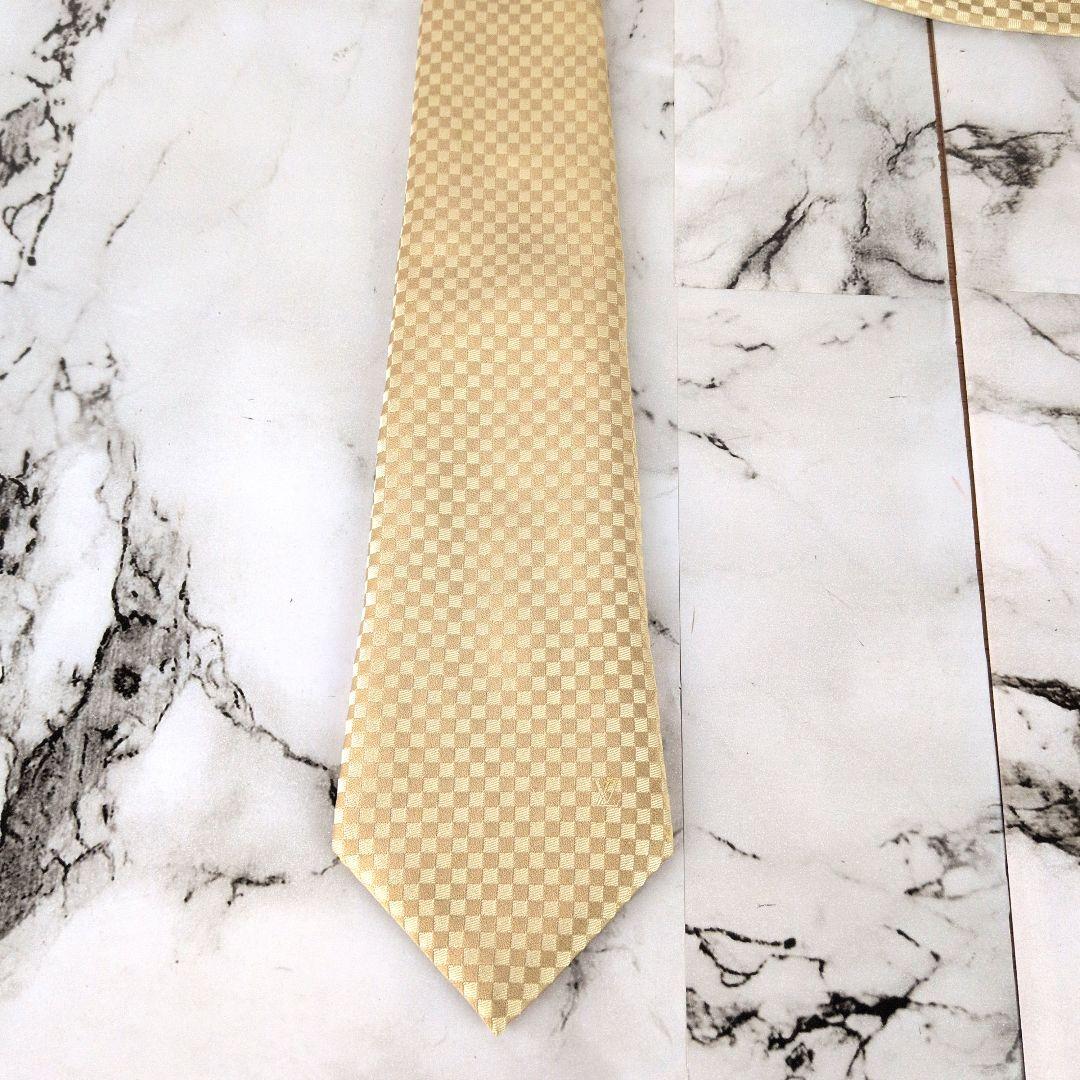 【極美品】ルイヴィトン☆ダミエ　LV刺繍　シャンパンゴールド　ネクタイ　メンズ