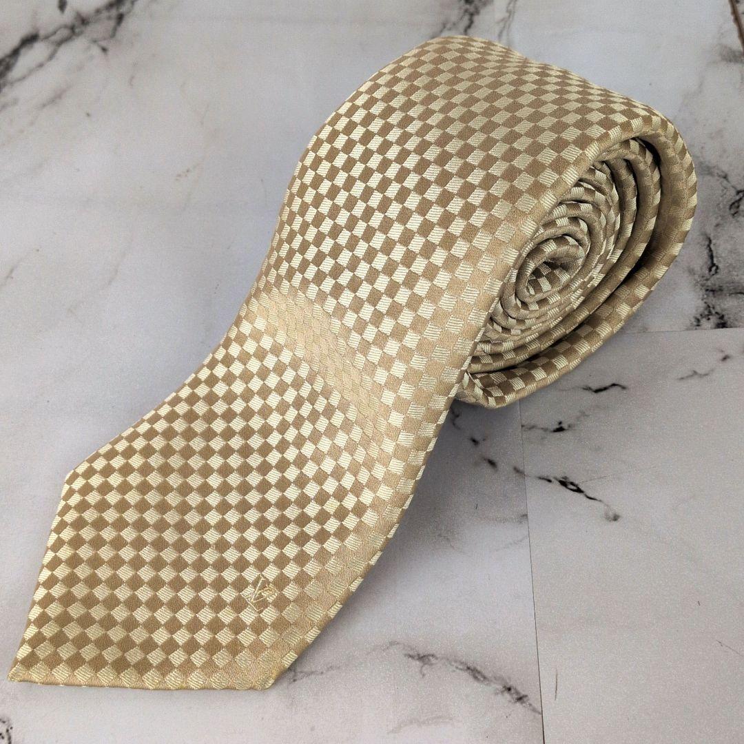 【極美品】ルイヴィトン☆ダミエ　LV刺繍　シャンパンゴールド　ネクタイ　メンズ