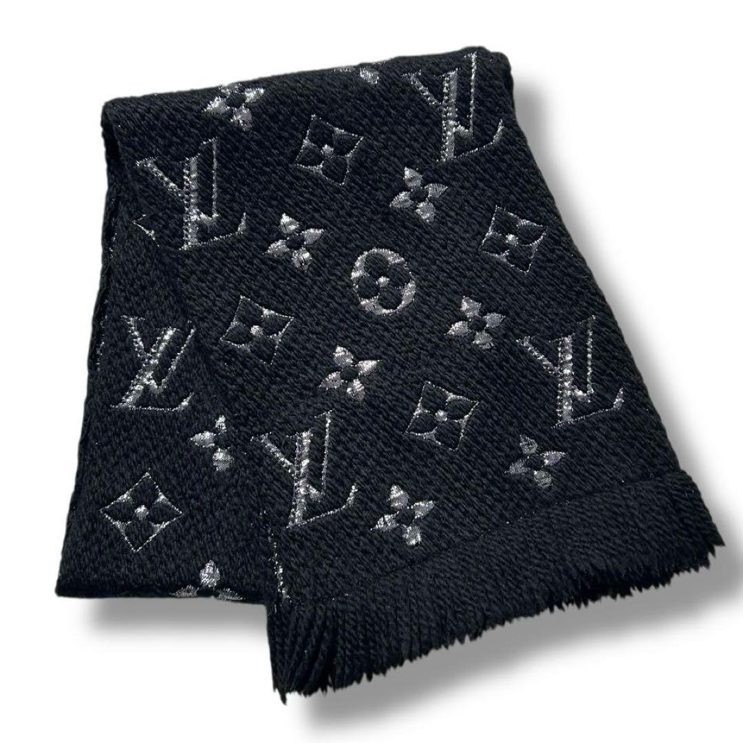 美品 ルイヴィトン エシャルプ モノグラム シルク マフラー 現行 ラメ 黒