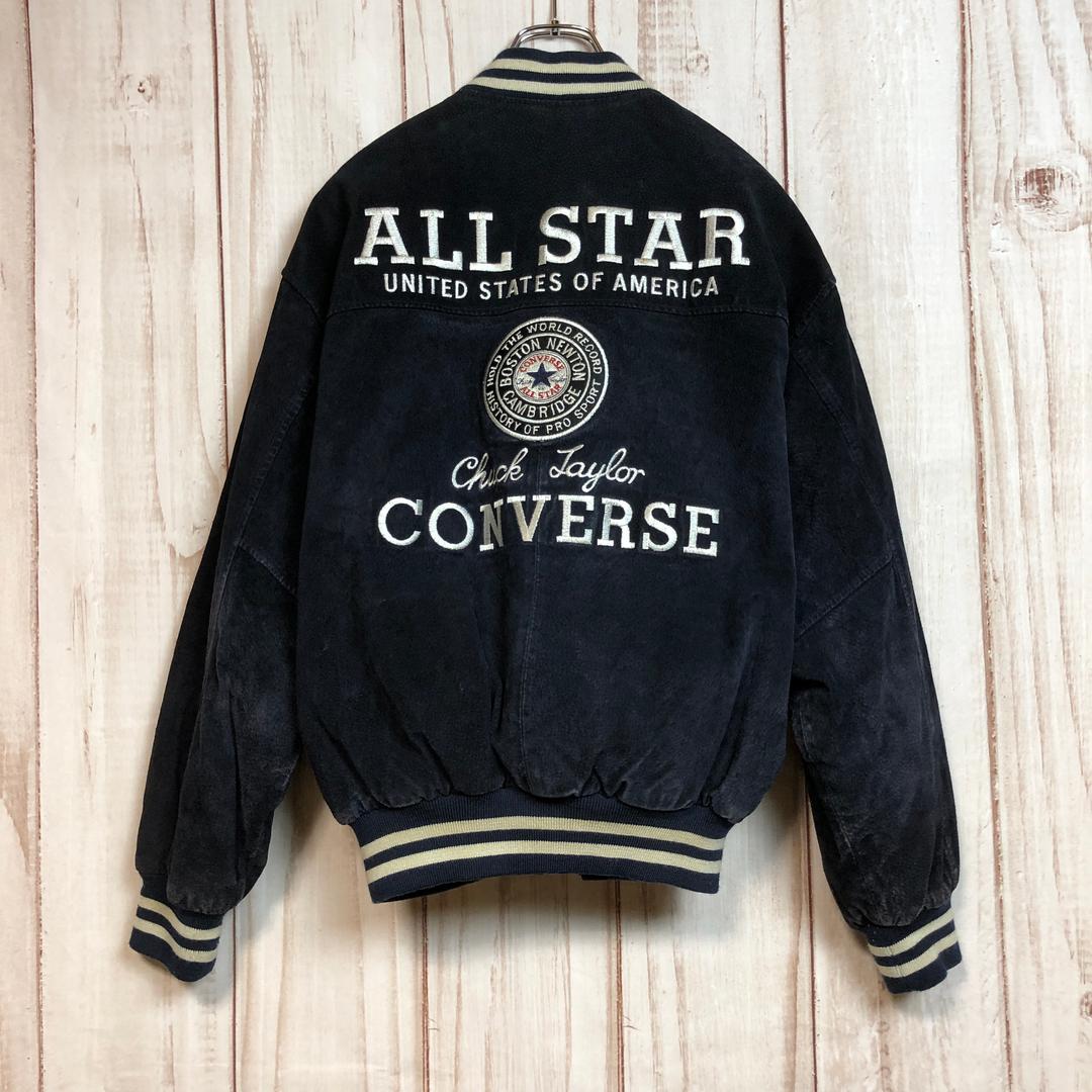 【コンバース レザースタジャン】 本革 刺繍 スエード XL 黒 古着